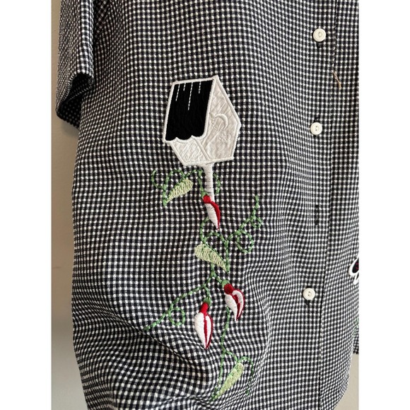 Vintage Embroidered Birds Butterfly Black Plaid Button Women Down Shirt - Large - Picture 7 of 7